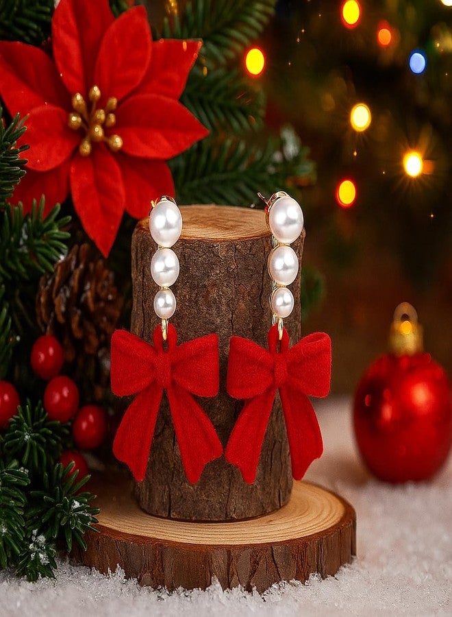 ecozran Christmas Bow Earrings for Women Sparkling Red Pearl Drop Dangle Earrings Hypoallergenic Anniversary Elegant Jewelry Gift for Women(S-Christmas1) - Image 2